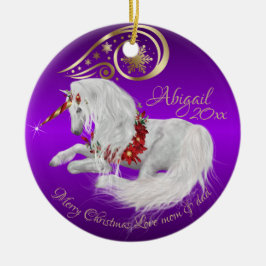 Ornamento De Cerâmica Chic Purple Christmas Unicorn Dourado Accent Joy