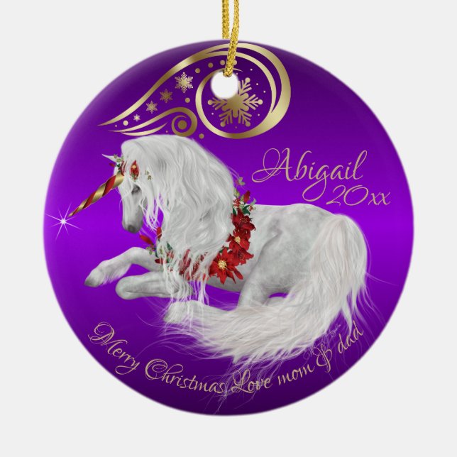 Ornamento De Cerâmica Chic Purple Christmas Unicorn Dourado Accent Joy (Frente)