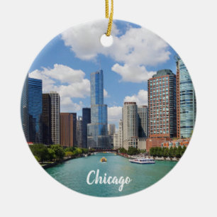 Ornamento De Cerâmica Chicago Illinois River Skyline Photo Christmas