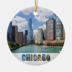 Ornamento De Cerâmica Chicago Illinois River Skyline Photo Christmas