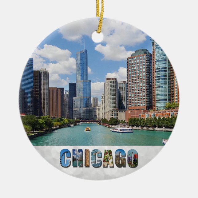 Ornamento De Cerâmica Chicago Illinois River Skyline Photo Christmas (Frente)