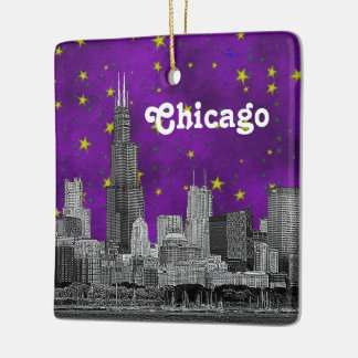 Ornamento De Cerâmica Chicago Skyline Enchida, Purple StarSky