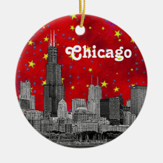 Ornamento De Cerâmica Chicago Skyline Enchida, Red Starry Sky