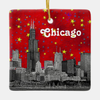 Ornamento De Cerâmica Chicago Skyline Enchida, Red Starry Sky