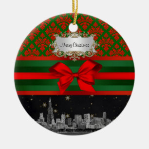 Ornamento De Cerâmica Chicago Skyline Red Green Damask #2 Arco Xmas