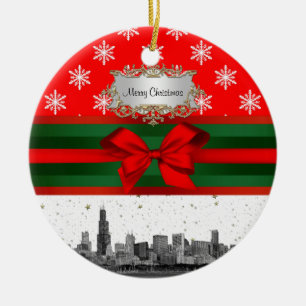 Ornamento De Cerâmica Chicago Skyline Red Snowflake Natal