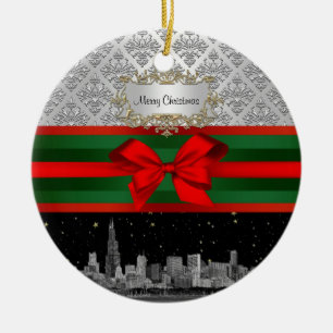 Ornamento De Cerâmica Chicago Skyline Silver White Damask #3 Arco Xmas
