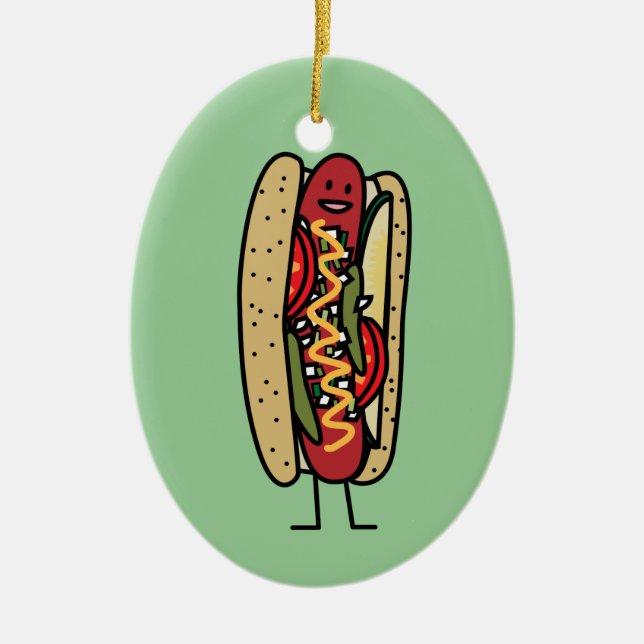 Ornamento De Cerâmica Chicago Style Hot Dog Hot Red Papoila Mostarda (Frente)
