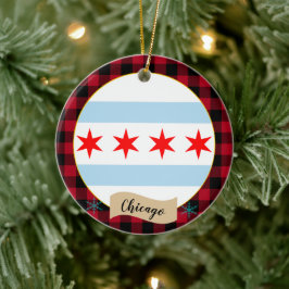 Ornamento De Cerâmica Chicago, xadrez de Búfalo Vermelho e Bandeira de C