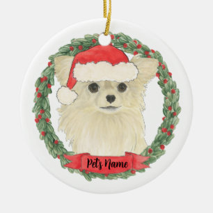 Ornamento De Cerâmica Chihuahua de Cabelo Comprido Bege Creme Natal