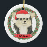 Ornamento De Cerâmica Chihuahua de Longa Distância e Preto Personalizado<br><div class="desc">Faça uma lista agradável este ano com um ornamento personalizado do seu doce cabelo longo,  preto e tan chihuahua!</div>