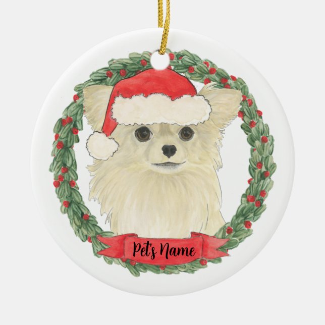 Ornamento De Cerâmica Chihuahua de Natal de cor Creme Bege (Frente)