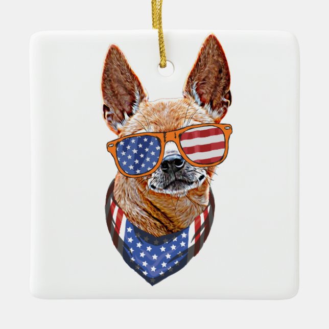 Ornamento De Cerâmica Chihuahua Dog EUA Independência Americana 4 de jul (Frente)