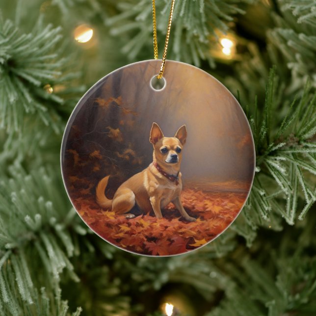 Ornamento De Cerâmica Chihuahua no outono deixa cair inspiração (Árvore)