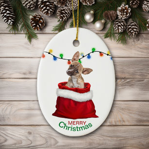 Ornamento De Cerâmica Chihuahua Puppy no Gift Bag Natal