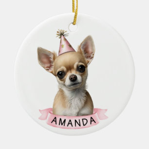 Ornamento De Cerâmica Chihuahua Rosa Girassol Nome Watercolor Cute