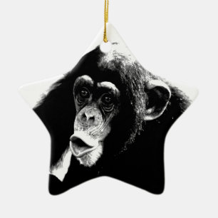 Ornamento De Cerâmica Chimpanzé Branco Preto