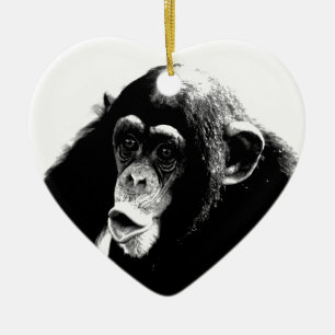 Ornamento De Cerâmica Chimpanzé Branco Preto