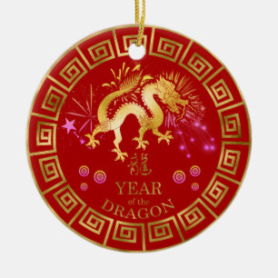 Ornamento De Cerâmica Chinês Zodiac Dragon Red/Dourado ID542