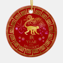 Chinês Zodiac Macaco Vermelho/Dourado ID542