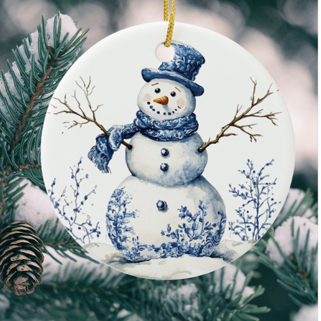 Ornamento De Cerâmica Chinoiserie Blue Snowman Personalizado (Personalize on the back!)