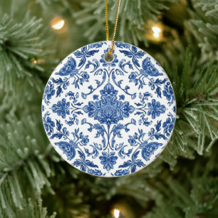 Ornamento De Cerâmica Chinoiserie Floral Azul Aguarela Branca