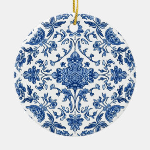 Ornamento De Cerâmica Chinoiserie Floral Azul Aguarela Branca