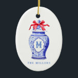 Ornamento De Cerâmica Chinoiserie Ginger Jar Monograma | Arco vermelho<br><div class="desc">Este design de chic apresenta um boião de gengibre de chinoiserie com um monograma azul e um arco vermelho. Você pode personalizar com seu monograma inicial e seu nome.</div>
