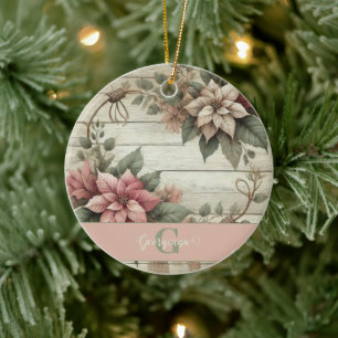 Ornamento De Cerâmica Chique de nome personalizado Pastel Poinsettias Ga