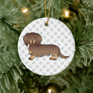 Ornamento De Cerâmica Chocolate e Tan Long Hair Dachshund Cartoon Cão
