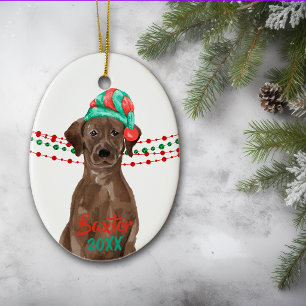 Ornamento De Cerâmica Chocolate Lab Chapéu de Papai Noel Contas de Cordã