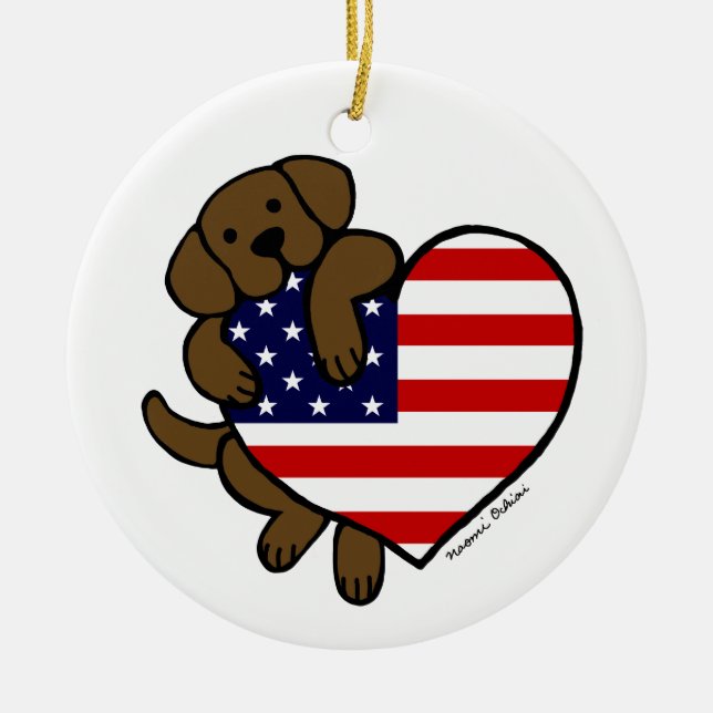 Ornamento De Cerâmica Chocolate Labrador & de bandeira dos E.U. desenhos (Frente)