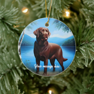 Ornamento De Cerâmica Chocolate Labrador e Blue Lake
