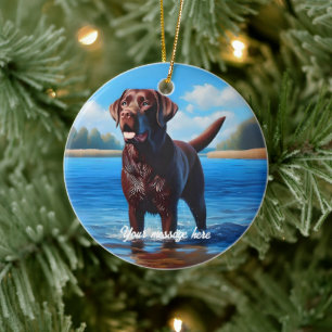 Ornamento De Cerâmica Chocolate Labrador e Blue Lake