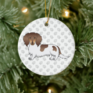 Ornamento De Cerâmica Chocolate & Tan Piebald Longa Dachshund & Text