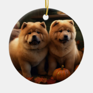 Ornamento De Cerâmica Chow Chow Puppy Autumn Delight Pumpkin