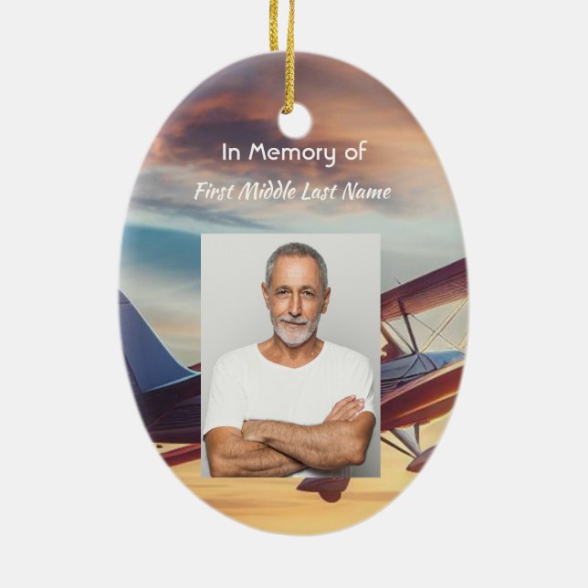 Ornamento De Cerâmica Christian Memorial Pilot Airplane Flying Sunset (Verso)