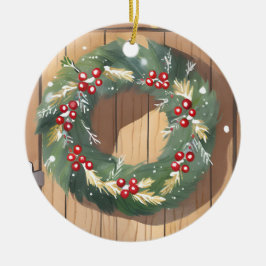 Ornamento De Cerâmica Christmas Berry Wreath | Feliz Russo da Aquarela