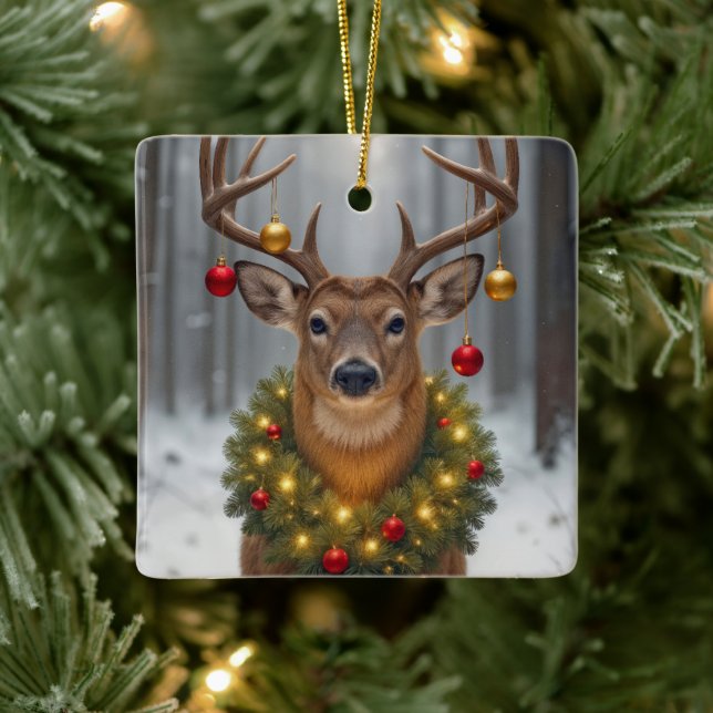 Ornamento De Cerâmica Christmas Buck Wearing a Glowing Wreath (Árvore)