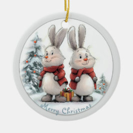 Ornamento De Cerâmica Christmas Bunny and gift, personalized