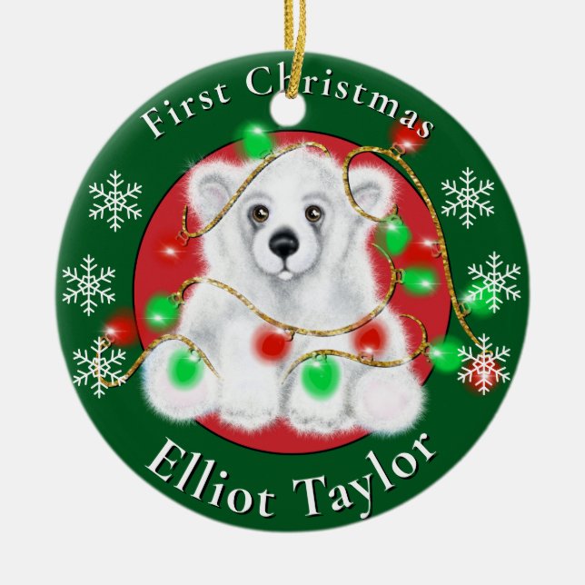 Ornamento De Cerâmica Christmas cute polar bear cub red green lights  (Frente)
