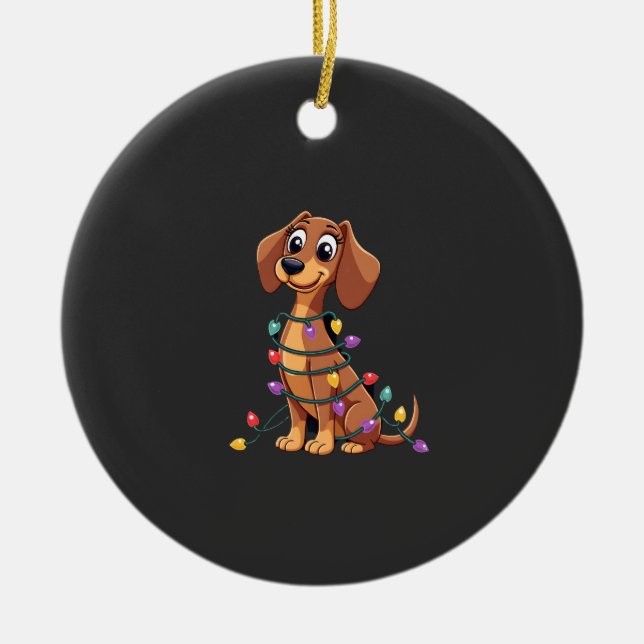 Ornamento De Cerâmica Christmas Dachshund Lights (2) (Frente)