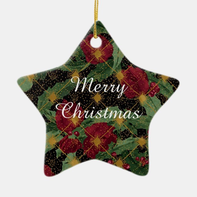 Ornamento De Cerâmica Christmas Flowers Pattern,Gold Red Green Black  (Frente)