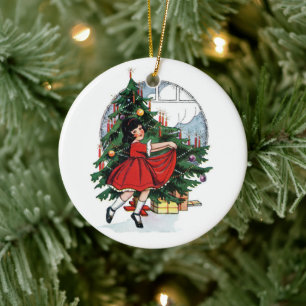 Ornamento De Cerâmica Christmas Girl Vintage Illustration