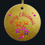Ornamento De Cerâmica Christmas in Music<br><div class="desc">This sparkling Christmas ornament brings a joyful and festive touch to your tree. Its glittery gold surface highlights the Merry Christmas message, surrounded by colorful stars and musical notes that capture the magic of the holiday season. Hanging from a branch, it adds warmth, charm, and a musical glow to your...</div>