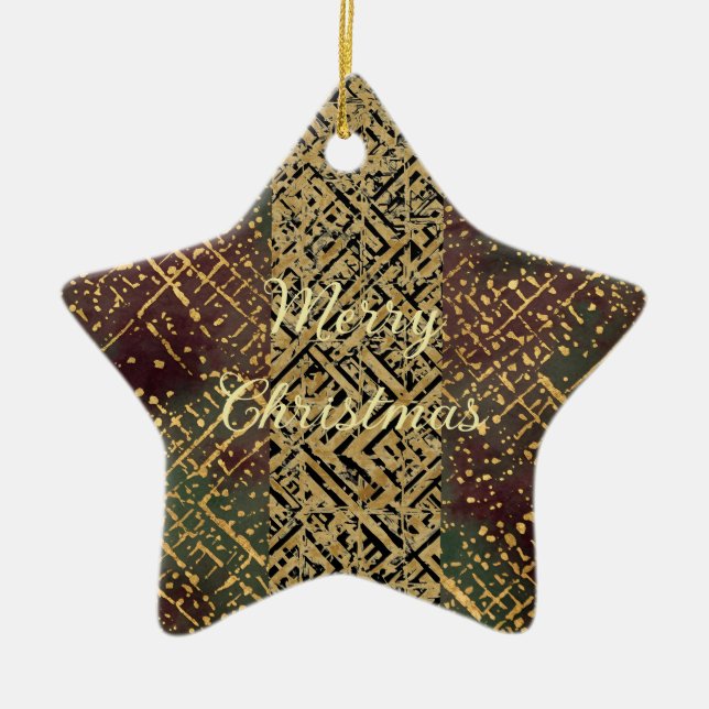 Ornamento De Cerâmica Christmas Luxury Pattern, Red Gold Green Black (Frente)