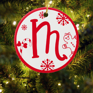 Ornamento De Cerâmica Christmas Monogram Letter M Red White
