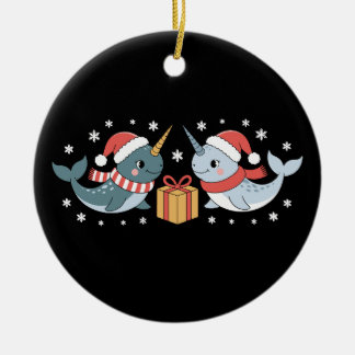 Ornamento De Cerâmica Christmas Narwhal Santa Hat Scarf Snowflakes Xmas