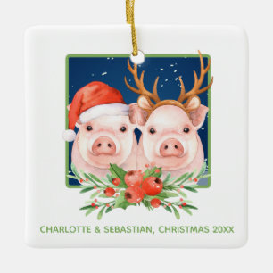 Ornamento De Cerâmica Christmas Pigs Cute Santa and Reindeer Couple