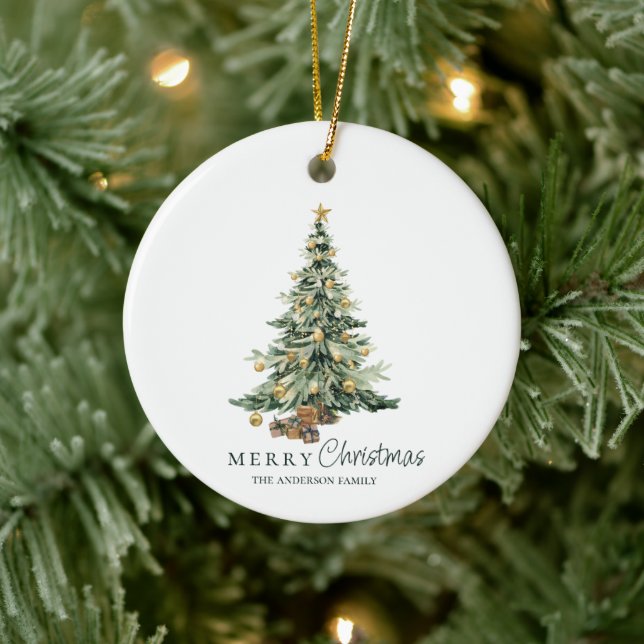 Ornamento De Cerâmica Christmas Pine Tree Photo Family Ornament (Árvore)